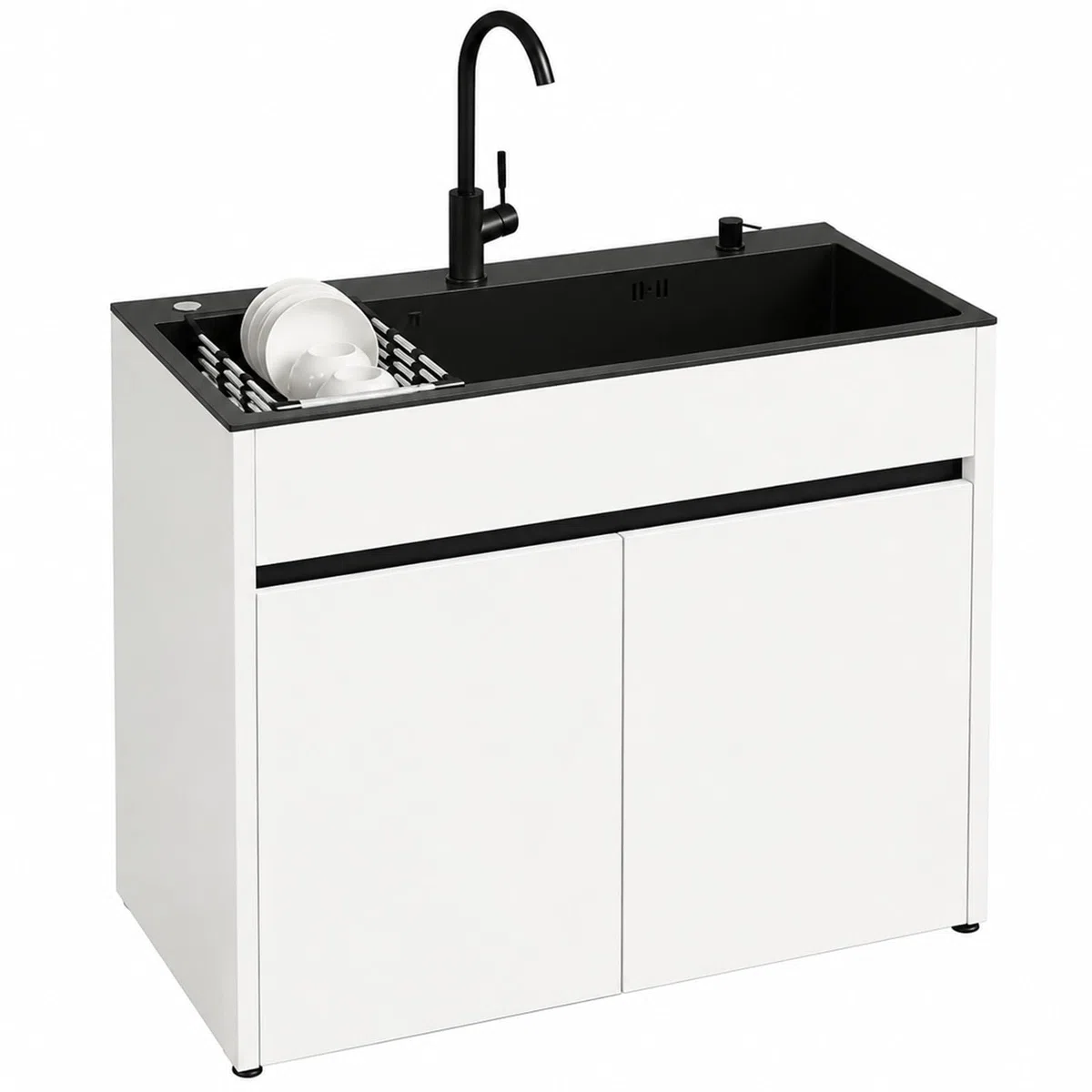 Lavello da Esterno Autoportante con Mobile 68/80cm, Corpo in Alluminio Alveolare con Miscelatore Caldo/Freddo, Scolapiatti Estensibile per Garage Giardino Officina