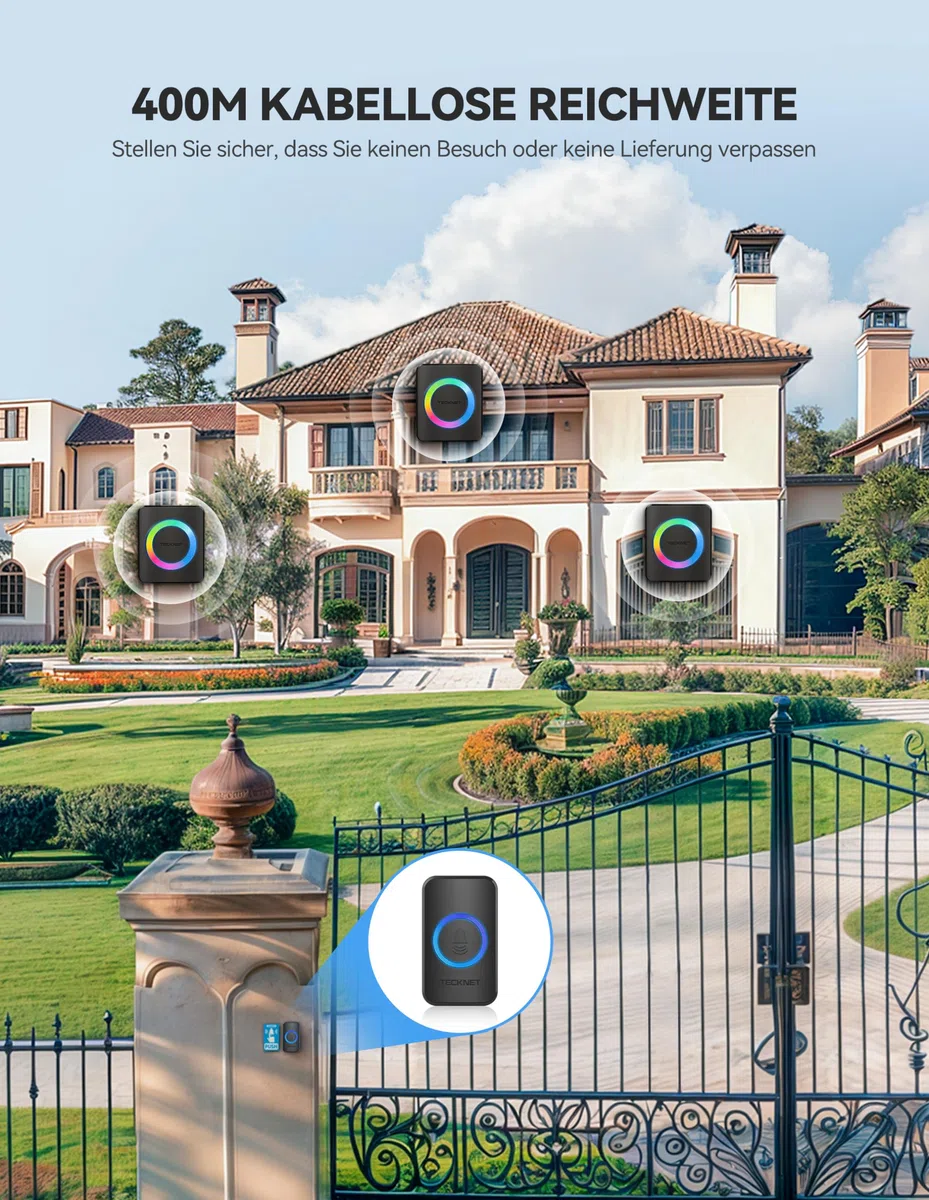 TECKNET Campanello Senza Fili Impermeabile IP65(1 Trasmettitore e 3 Ricevitore), Portata 400M, 5 Livelli Volume 60 Melodie, RGB Campanello Wireless Esterno, Nero