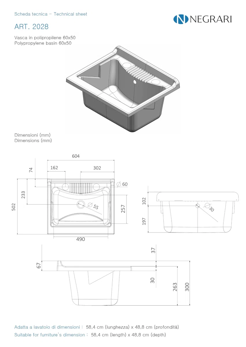 Negrari Vasca ad appoggio in resina PP per Lavatoio, Resistente all'umidità, Resistente agli acidi di uso comune, Kit di scarico incluso, Interno e Esterno, L60 x P50 x H30 cm, Bianco