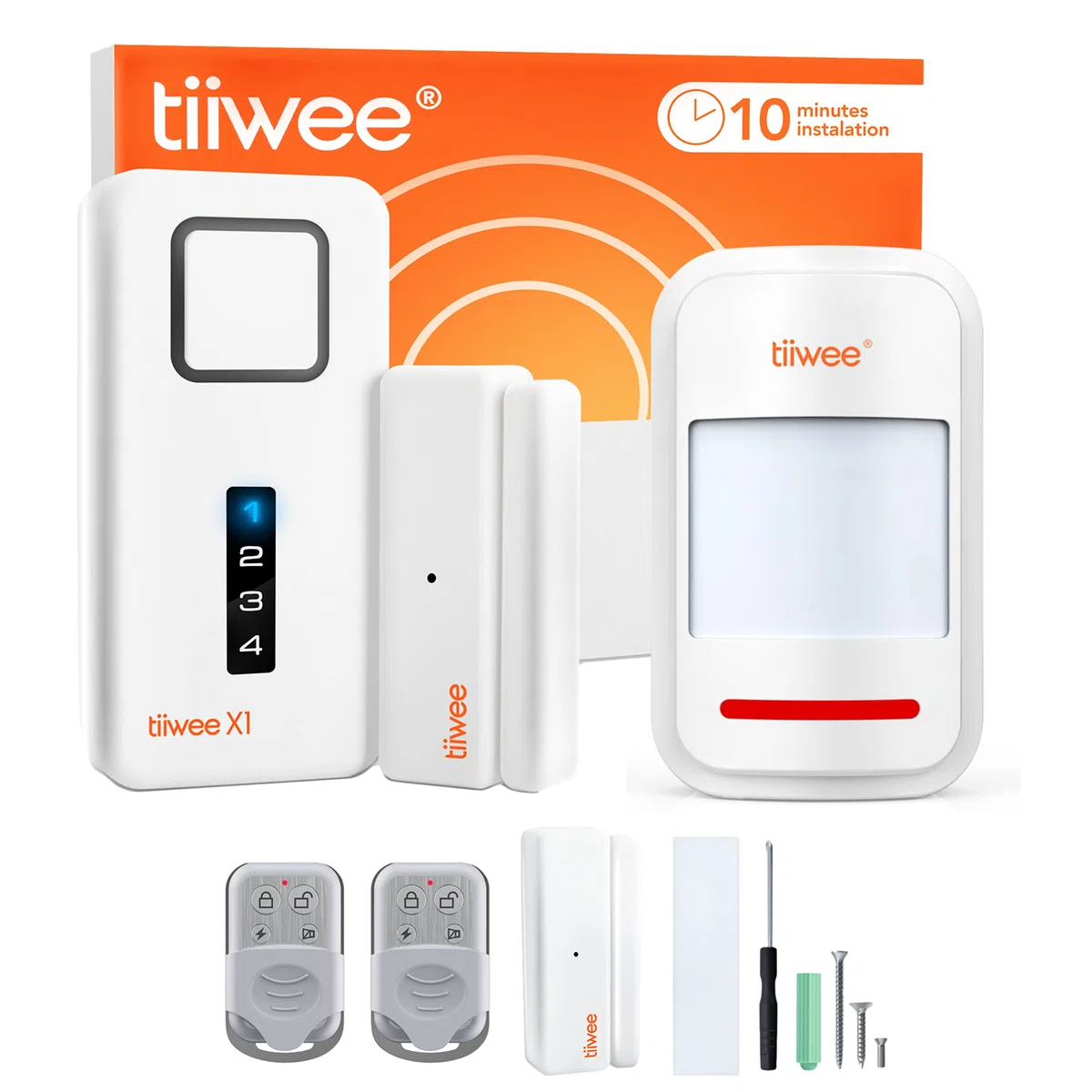 tiiwee Sistema di Allarme per Porte e Finestre - Sistema di Sicurezza con Potente Sirena, 1 Rilevatore di Movimento, 2 Sensori per Porte e Finestre e 2 Telecomandi