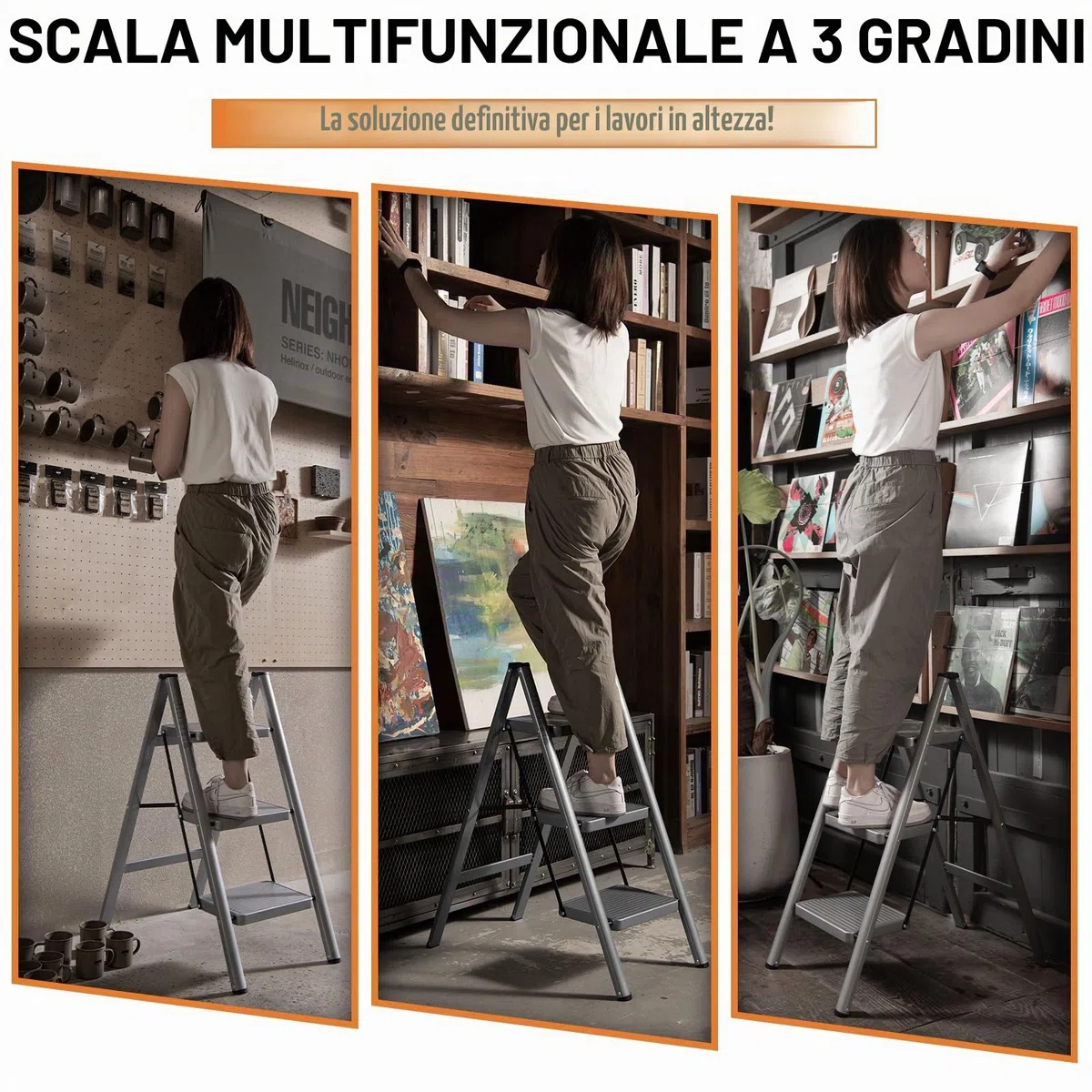 XinSunho Scala a 3 Gradini, Scaletta Pieghevole, Scaletto Domestica con Gradini Antiscivolo, Leggera e Compatta, Carico 150kg, Scaletto Portatile in Acciaio, Grigio