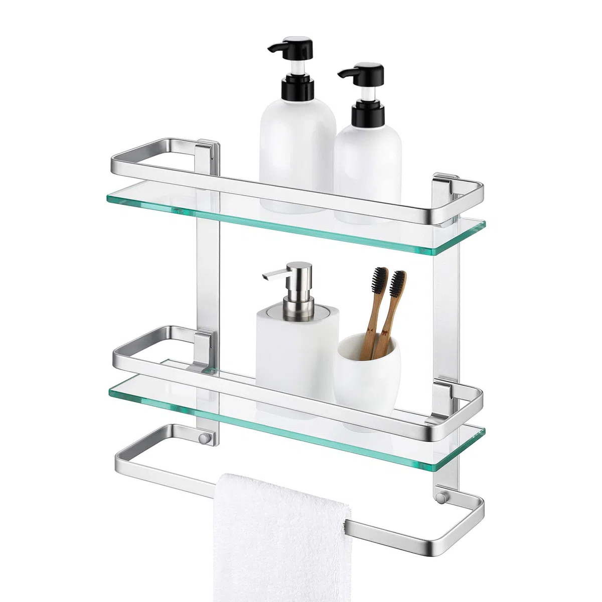 KES Mensola Bagno Vetro con Portasciugamani, Mensola Vetro Temperato 8MM di Spessore, 2-Livelli Mensola con Porta Asciugamani da Parete Alluminio Argento, A4127B