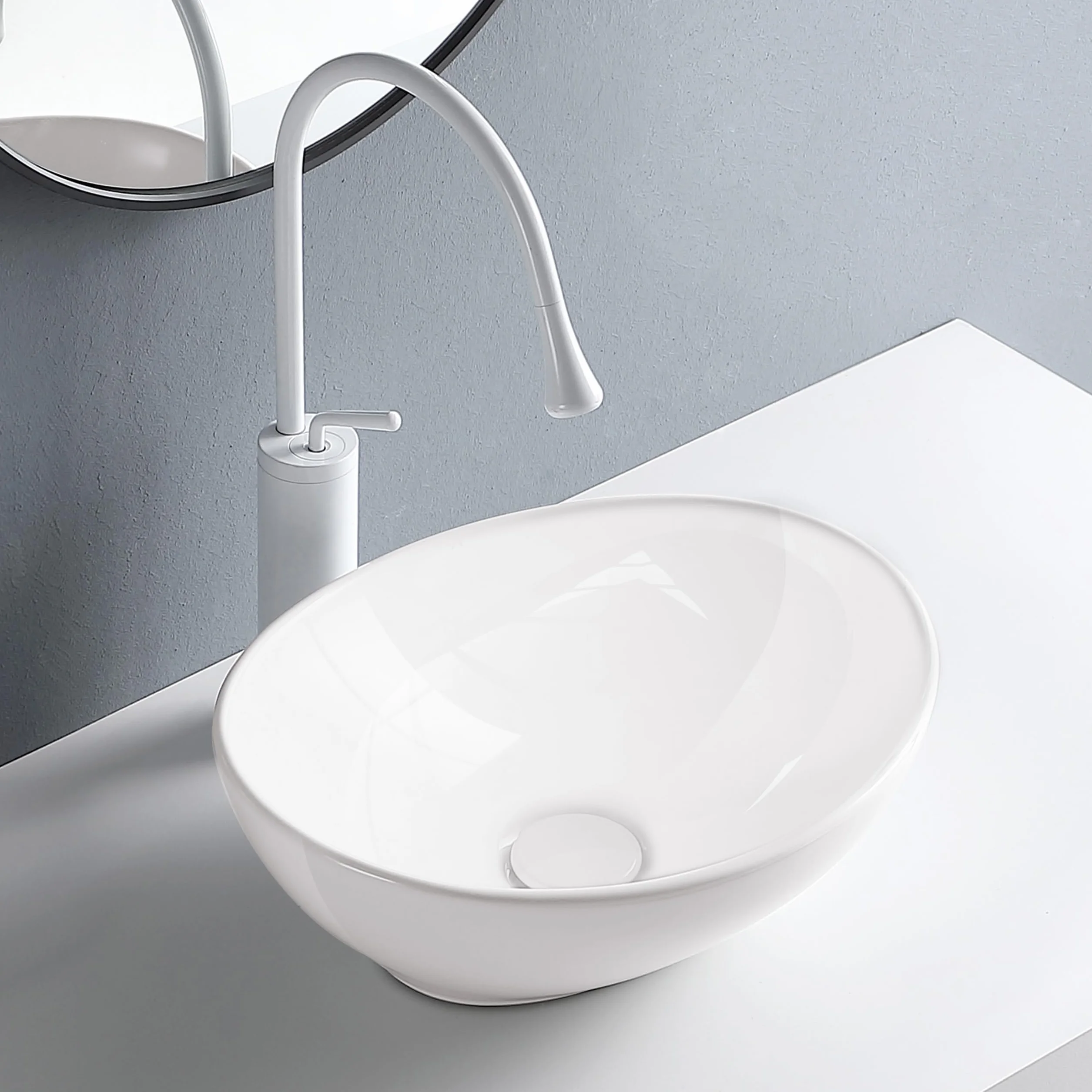 AQUAUNO GOYA - Lavabo da appoggio, 42 x 33 cm, ovale, in ceramica bianca, senza foro per rubinetto e troppopieno, per sanitari, bagno e WC per ospiti