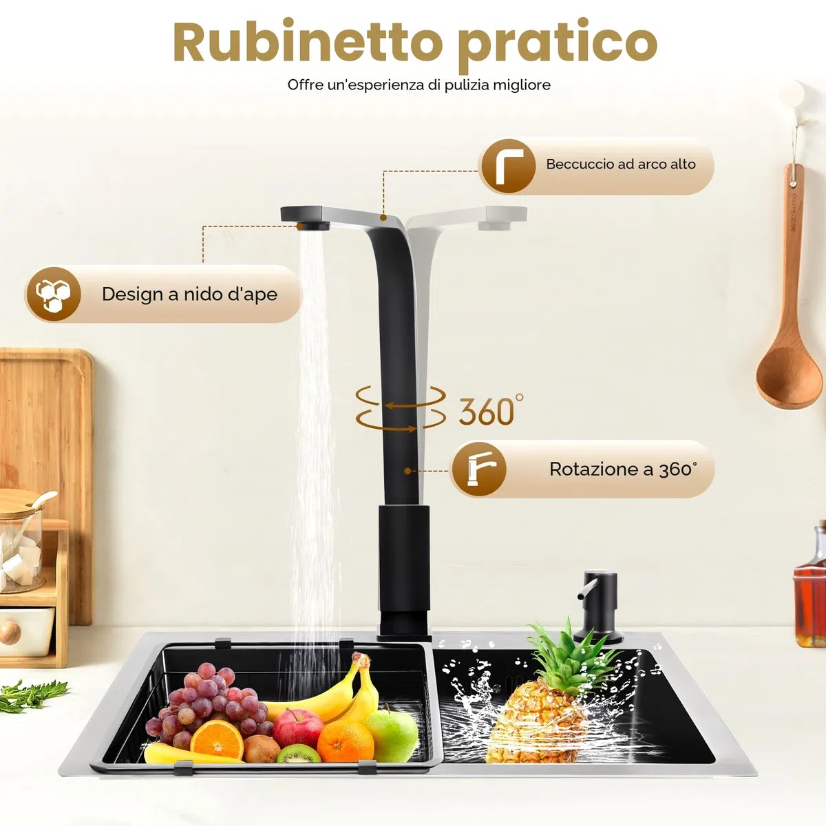 Lavello da cucina, nero, 45 x 40 cm, 1 vasca, in acciaio inox, rettangolare, moderno, con scolapiatti, rubinetto, dispenser di sapone