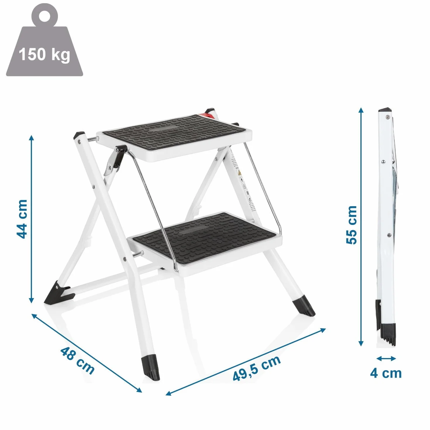 hjh OFFICE 801200 Gradino pieghevole a 2 gradini SOLID W1 Gradino pieghevole in acciaio, portata fino a 150 kg, chiusura di sicurezza pieghevole, maniglia di trasporto, gradino, bianco