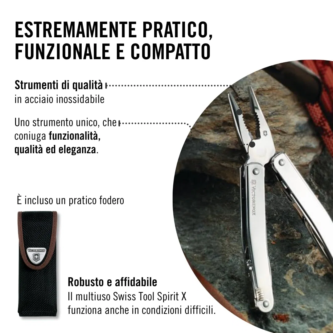 Victorinox Multi-strumento Swiss Tool Spirit X, 24 Funzioni, Multiuso con Lama Bloccabile e Pinze a Punta Lunga, incl. Fodero in Nylon, Argento