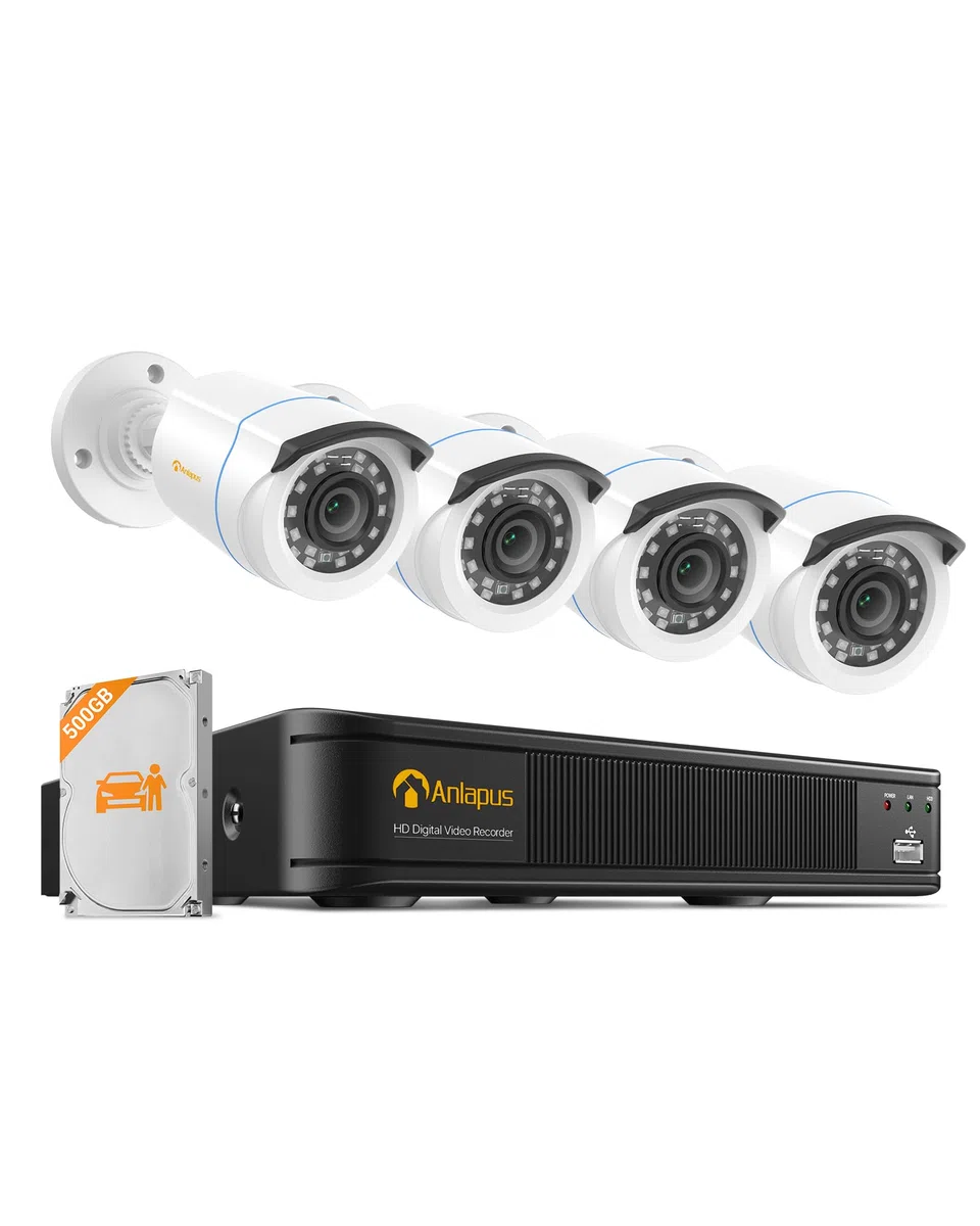 Anlapus H.265+ Kit Videorveglianza Esterna 2MP FHD 1080P, DVR 8CH 500GB, Rilevamento IA Persone & Veicoli, Avviso Istantaneo & APP Gratuito, Sorveglianza Domestica 24/7, Telecamera Bullet Bianco