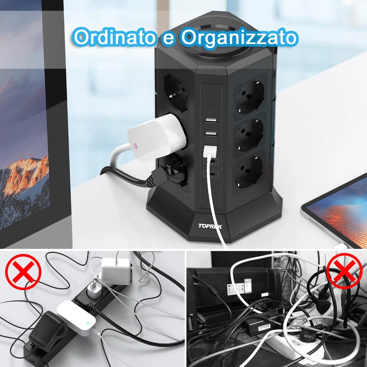 TOPREK Ciabatta Multipresa Verticale con 12 Prese Universali ITA 10/16A e Schuko e 2 USB C(20W PD3.0 Ricarica Rapida) e 3 USB A, Protezione Sovratensione, 4000W/16A, 2 Interruttore, 2M Cavo, Spina 16A