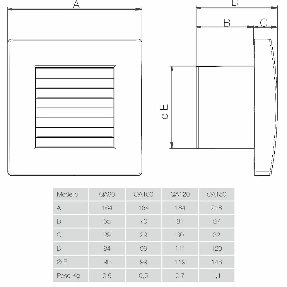 QA100 di Aerauliqa - Aspiratore assiale diam.99mm - 11W - 83m3/h - cod. 000540 - con alette interne automatiche