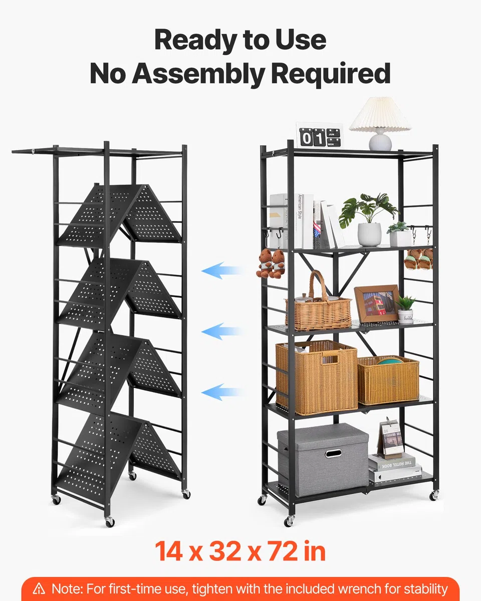 VEVOR Scaffale Portaoggetti Pieghevole a 5 Ripiani con Ruote, 360 x 810 x 1830 mm, Scaffale in Metallo Pieghevole, Robusto Resistente Senza Montaggio, per Garage, Cucina, Cantina Nero