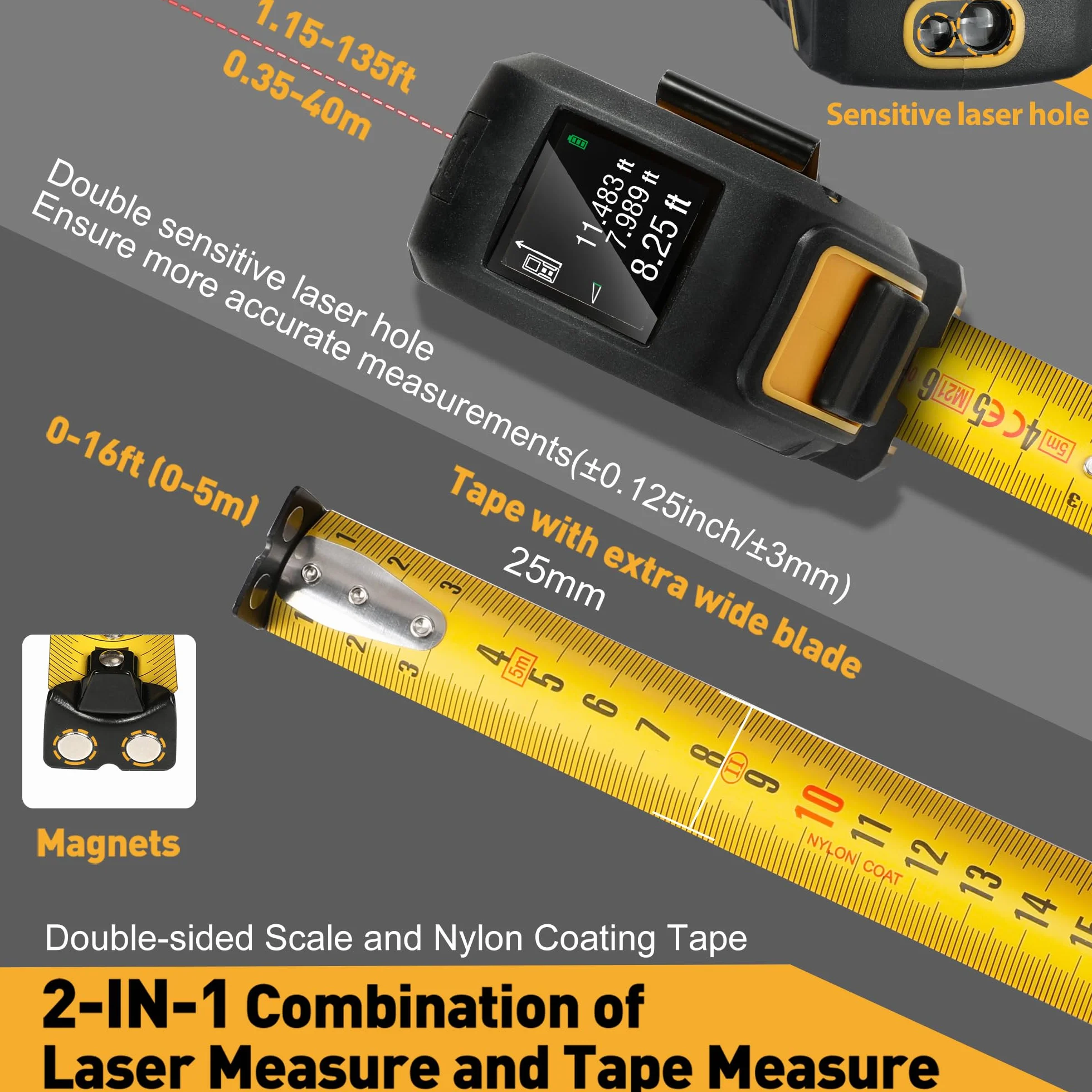 PREXISO Misuratore di Distanza Laser 2 in 1, Metro di Nastro Laser Ricaricabile, 40m Misuratore Laser e 5m Metro a Nastro, Retroilluminazione LCD M/In/Ft, per Misurare Lunghezza, Area e Volume