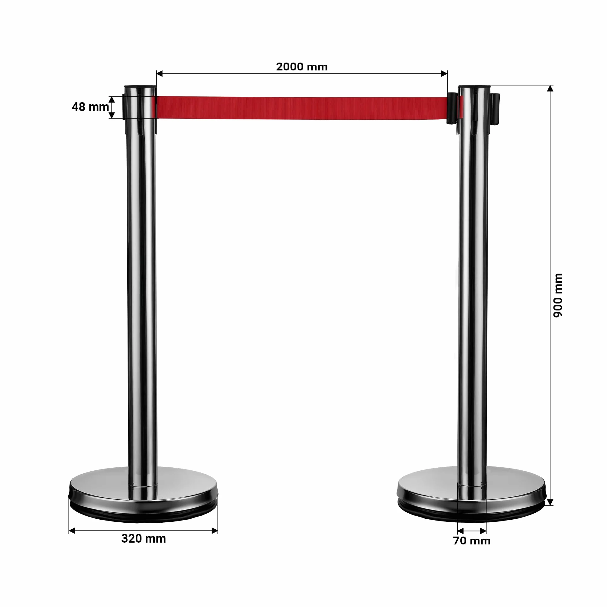Wiltec Colonnine tendinastro 320 x 70 x 900 mm, Set 2 paletti delimitatori in acciaio inox con nastro rosso