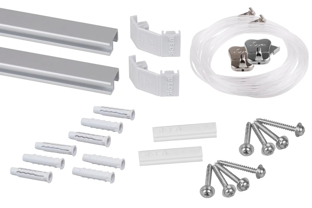 Binari per appendere quadri, Alluminio / 200cm (2x 100cm) STAS Minirail - Sistema per appendere quadri, Set completo con ganci e corde