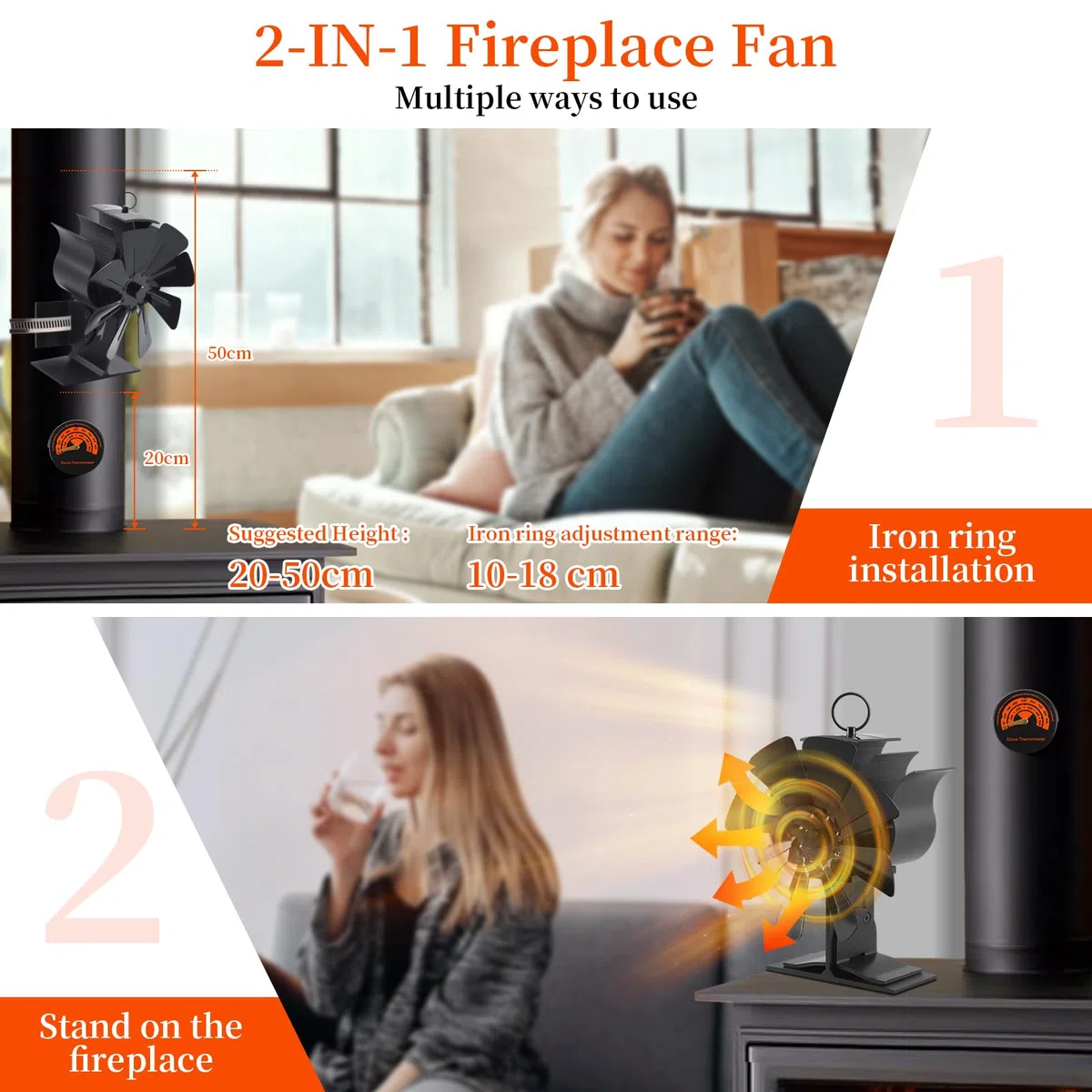 2 in 1 Ventilatore per camino, ventilatore per stufa 8 pale per camino, ventilatore alimentato a calore con termometro, stufa ventilatore senza elettricità per stufa a legna/camino/tubo del camino