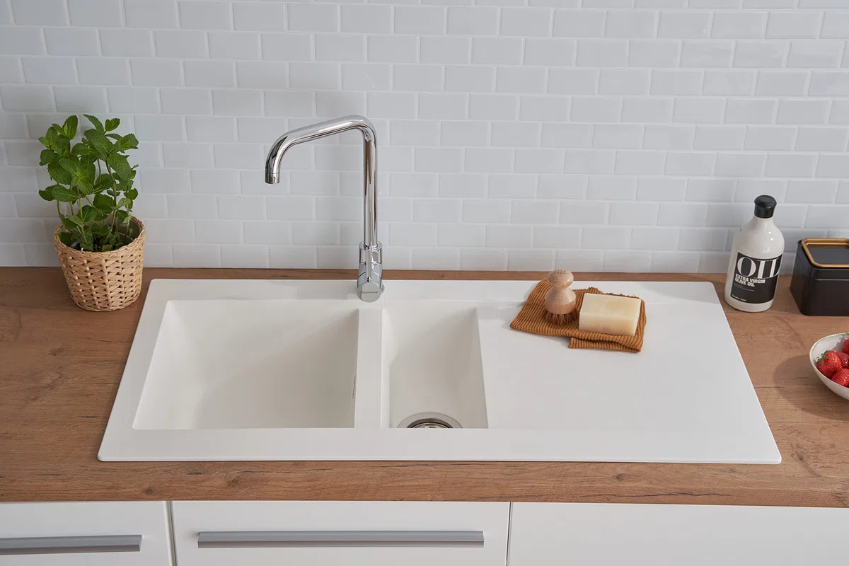 Respekta Lavello da Cucina Denver in Mineralite Color Bianco, Lavello da Incasso con 1 vasca, dimensioni 100 x 50 cm, Lavello Adatto per Mobili Sottolavello da 60 cm di Larghezza