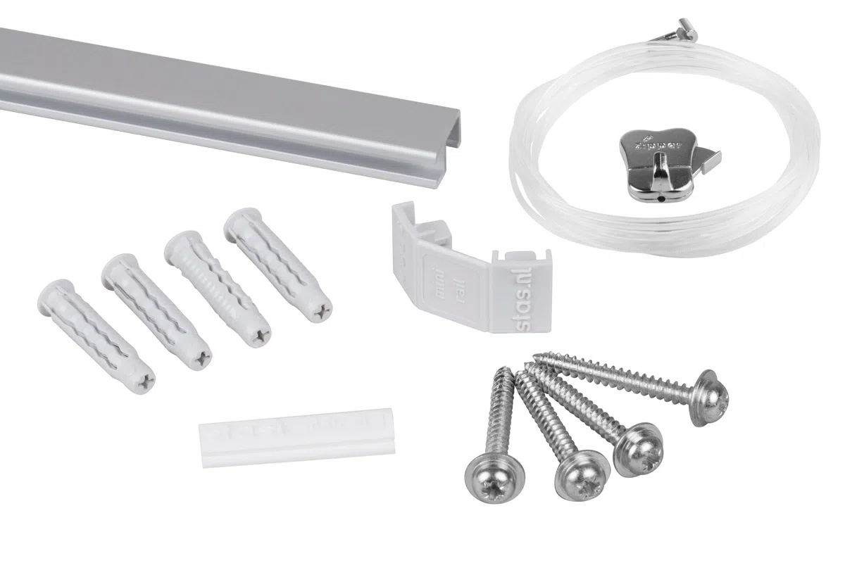 Binari per appendere quadri, Alluminio / 200cm (2x 100cm) STAS Minirail - Sistema per appendere quadri, Set completo con ganci e corde