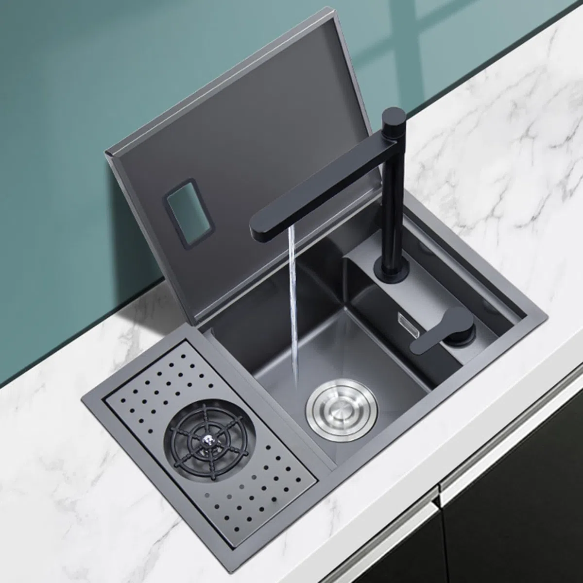 Lavello a vasca singola con rubinetto dell'acqua purificata sollevabile - Stazione di lavaggio in acciaio inox per caffetterie o bar, design elegante e funzionale