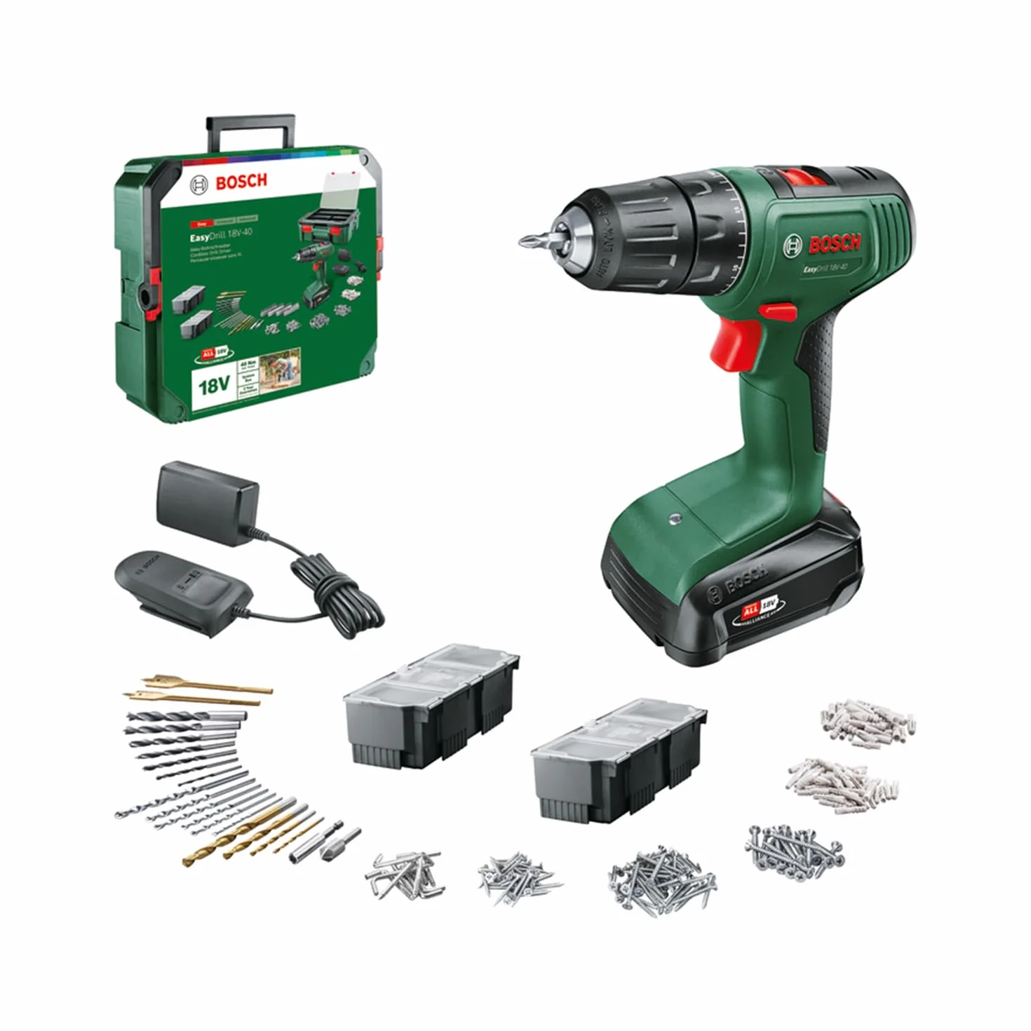 Bosch Home and Garden EasyDrill 18V-40 Trapano avvitatore a batteria, progetti di avvitamento o foratura su legno, metallo e plastica, 241 punte, 1 batteria da 1.5 Ah, sistema 18 volt, in SystemBox