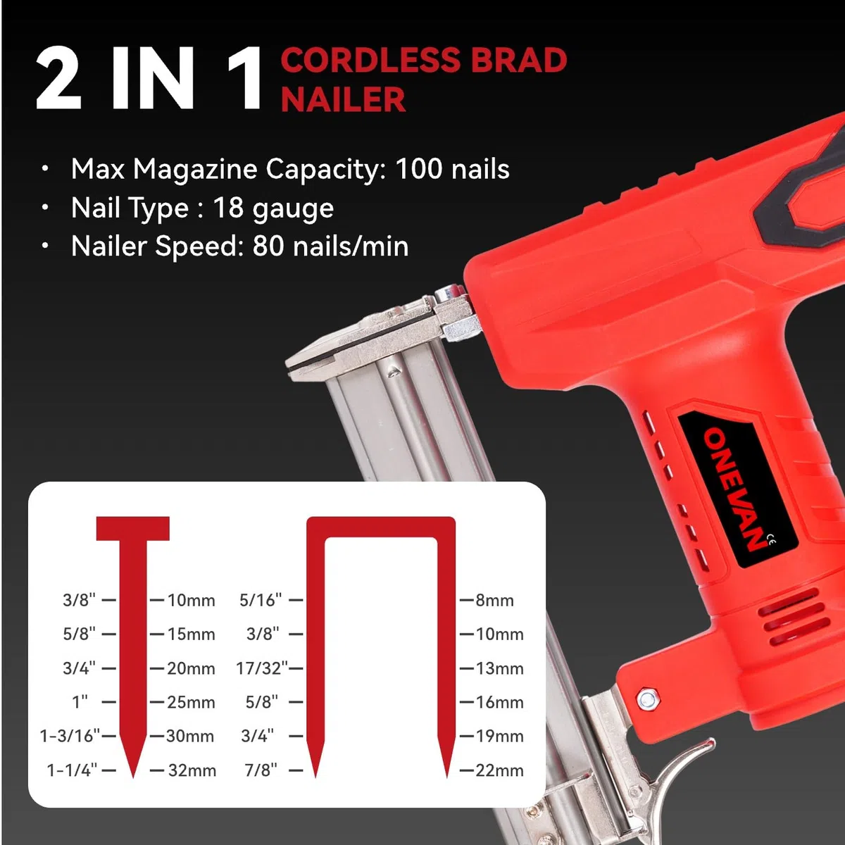ONEVAN Tacker elettrico a batteria e pistola per unghie, 2 in 1 e chiodatrice a batteria con 2 batterie da 2000 mAh, 80 chiodi/min, per legno, con 100 chiodi da 30 mm e 100 graffette da 22 mm