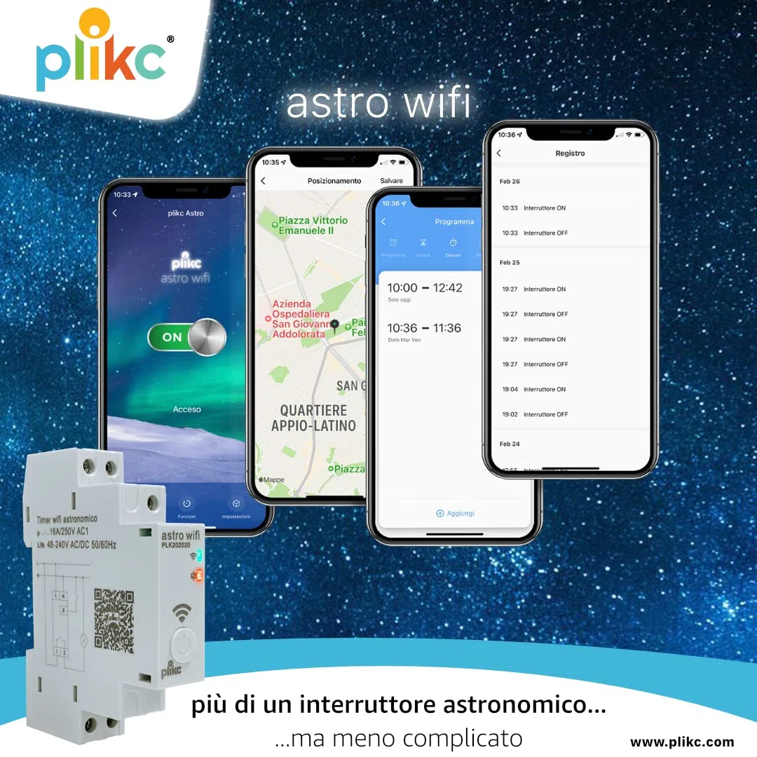 Plikc - Interruttore orario astronomico - giornaliero/settimanale - multifunzione WIFI 48-230Vac -compatibile con Alexa e Google - plikc astro wifi