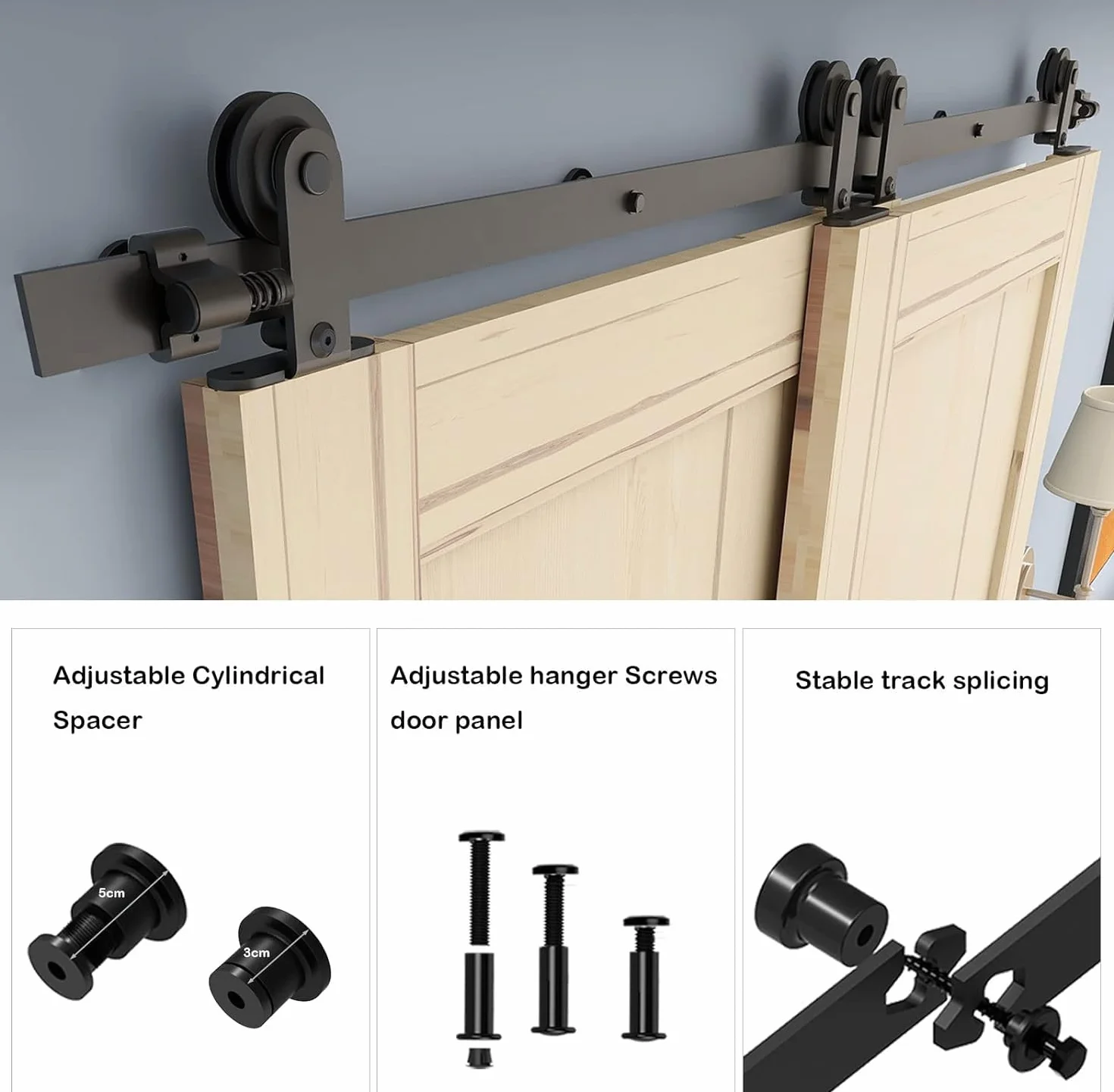 5FT/152CM Binario per Porta Scorrevole Kit per Coincide Doppia Porta Barn Bypass Sistema Nero Forma T