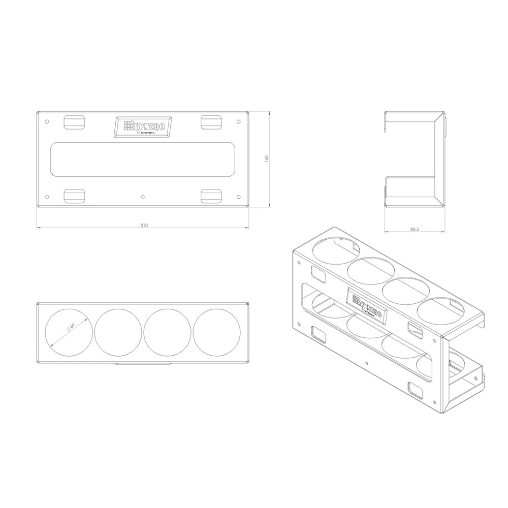 SYNCRO SYSTEM Porta bombolette spray in alluminio per scaffale furgone officina mobile – 4 posti diam. 65mm fianco 31cm