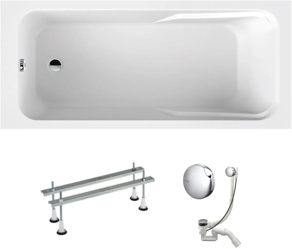 VBChome Vasca da bagno 180 x 80 cm Bianco in acrilico Piedini vasca Sifone Vasca Design rettangolare Moderno Scarico in cromo