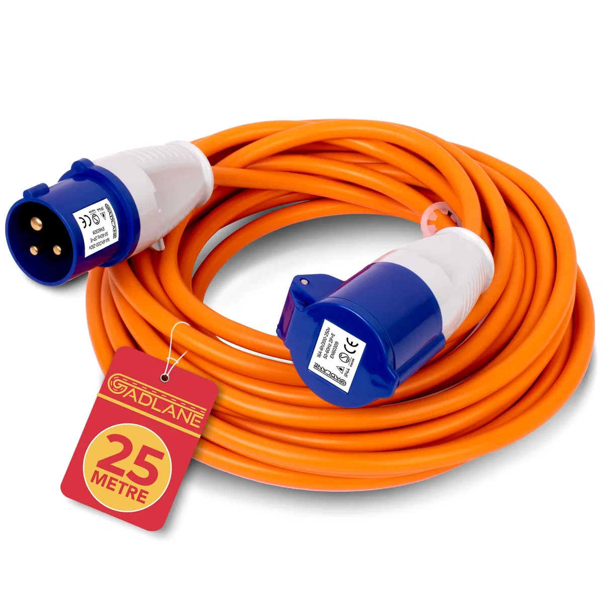 GADLANE Cavo di prolunga CEE 25m Robusto per Roulotte, 16 Ampere, 240 V, cavo da campeggio, ben visibile, colore arancione, ideale per camper (25 metri)