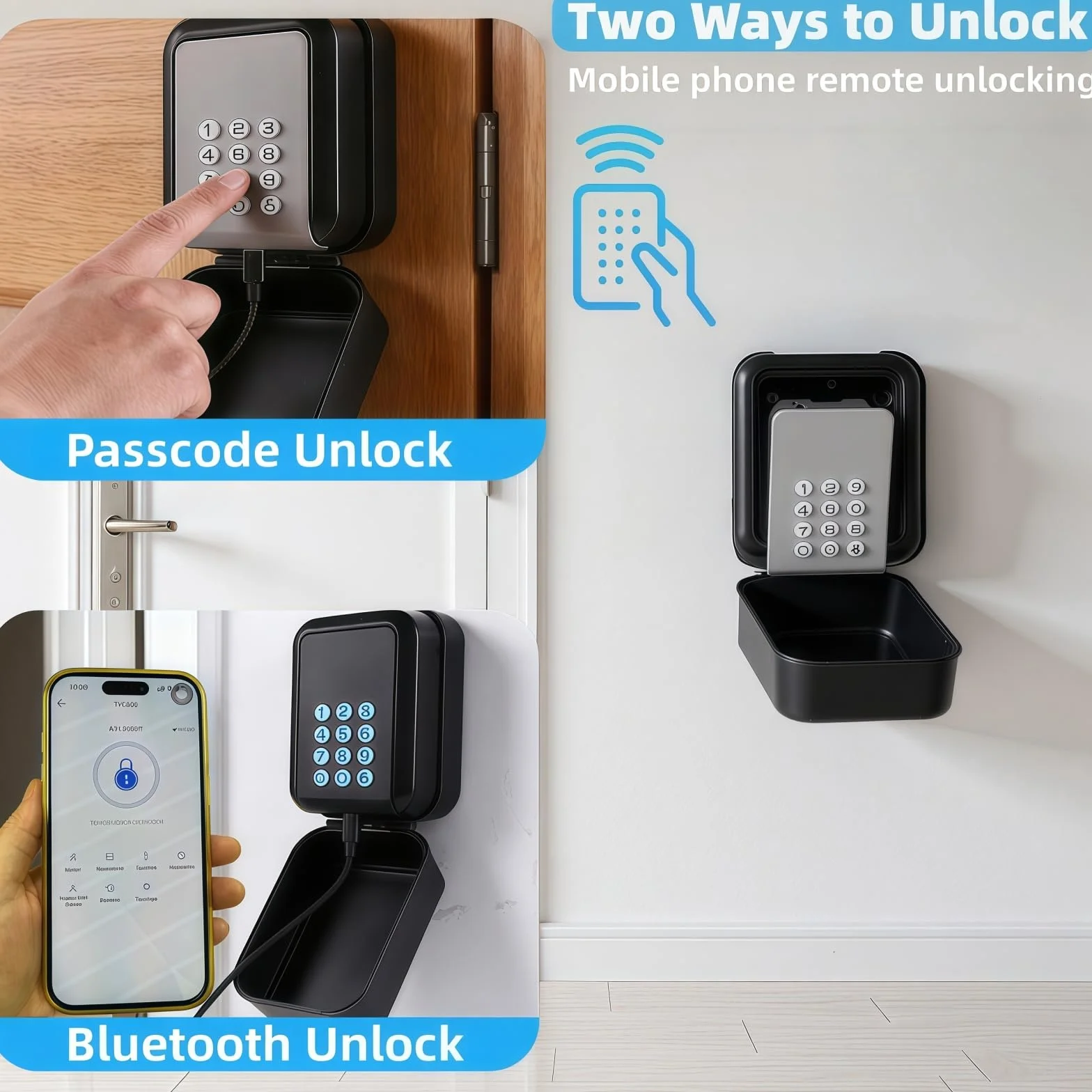 Cassaforte elettronica intelligente per chiavi, cassetta portachiavi da parete con serratura a 12 cifre, serratura Bluetooth o a combinazione, copertura impermeabile per Airbnb, casa, garage