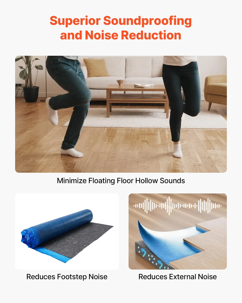 VEVOR Sottopavimento 9,3 m² Un Rotolo, Imbottitura per Pavimenti in Laminato con Barriera al Vapore Integrata, Fibra ad Alta Resistenza e Pellicola in PE, Isolamento Acustico, per Laminato Legno