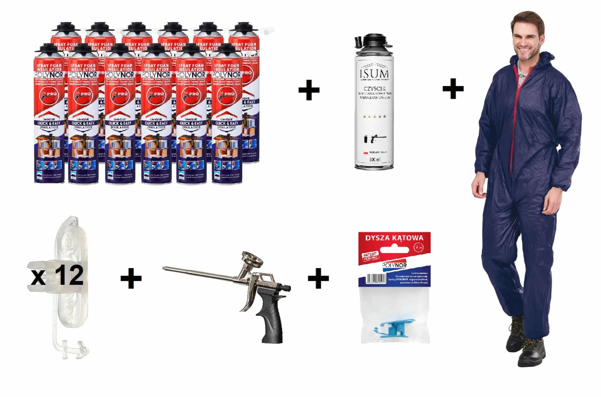 POLYNOR Isolamento termico PUR in bomboletta PRO - Set completo 29 elementi - 12 schiume - Pistola per schiuma - Isolamento termico a spruzzo - Isolamento di pareti, tetti - Aerosol 750 ml