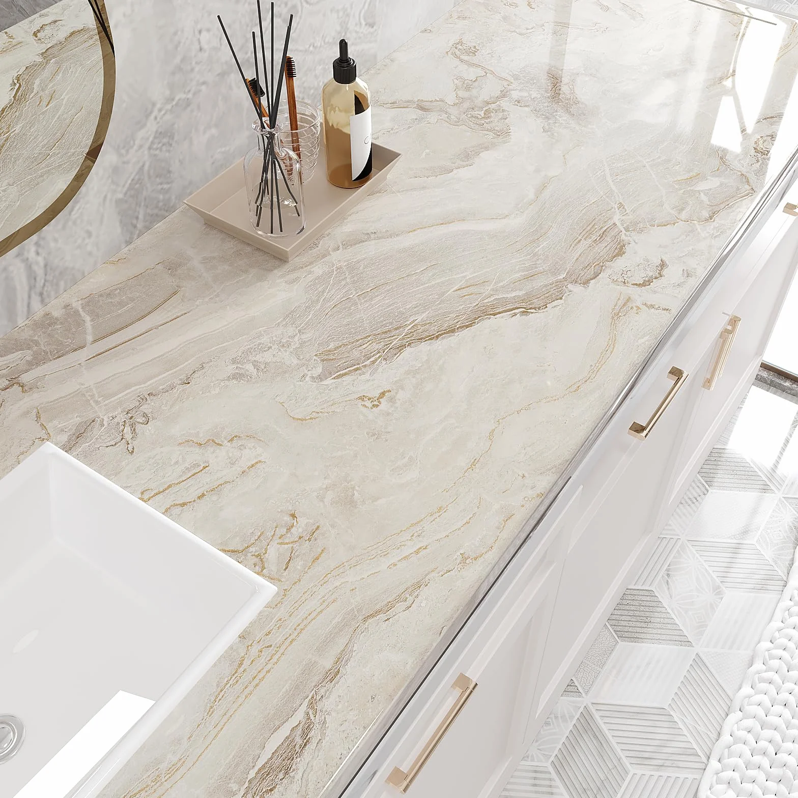 VEELIKE Carta da Parati Marmo Beige 81cm x 300cm Carta Adesiva Effetto Marmo Oro Pellicola Autoadesiva per Cucina Paraschizzi Pellicola Adesiva Decorativa Bagno Rivestimento Parete Camera da Letto