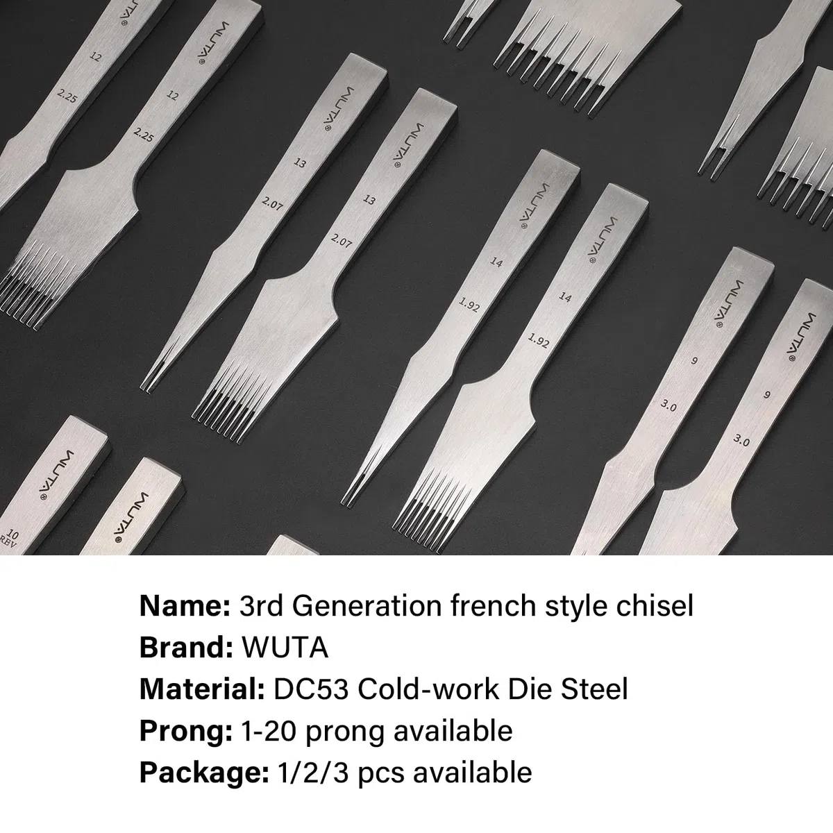 WUTA Strumento di punzonatura in pelle stile francese, strumento di punteggiatura in pelle, professionale affilato set (Obverse 3.0mm 2+8)