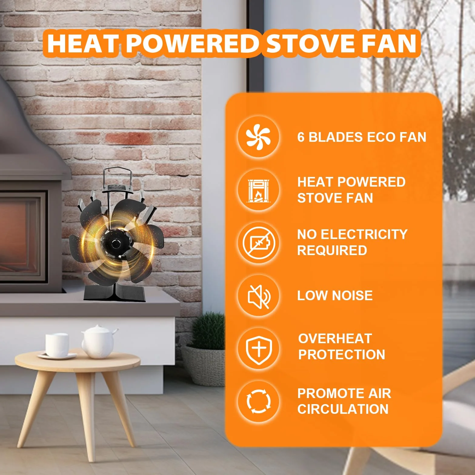 KAEFUYS Ventilatore per Stufa a Legna, Ventola da Caminod con 6 Pale, Ventola Stufa Silenzioso Distribuzione Efficiente del Calore, Ventilatore per Camino per Bruciatore di Tronchi Stufa
