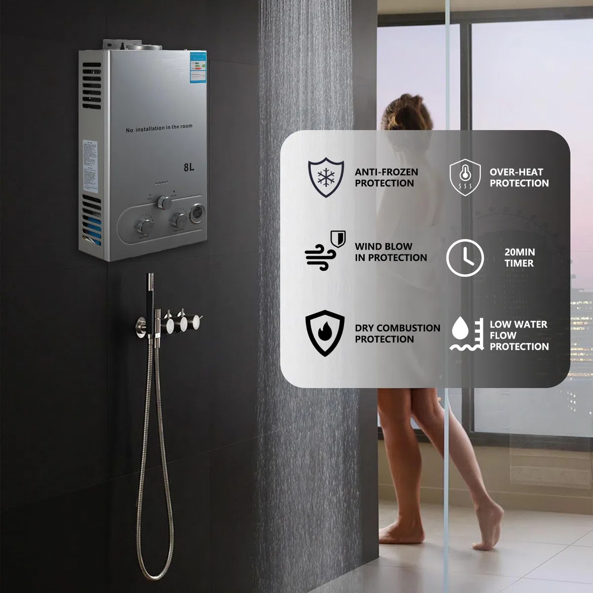 Scaldacqua a gas propano GPL,6L/8L, scaldabagno istantaneo a gas, con modalità inverno ed estate, 16 kW 2800 Pa, scaldabagno senza serbatoio con kit doccia, protezione contro il surriscaldamento (6L)