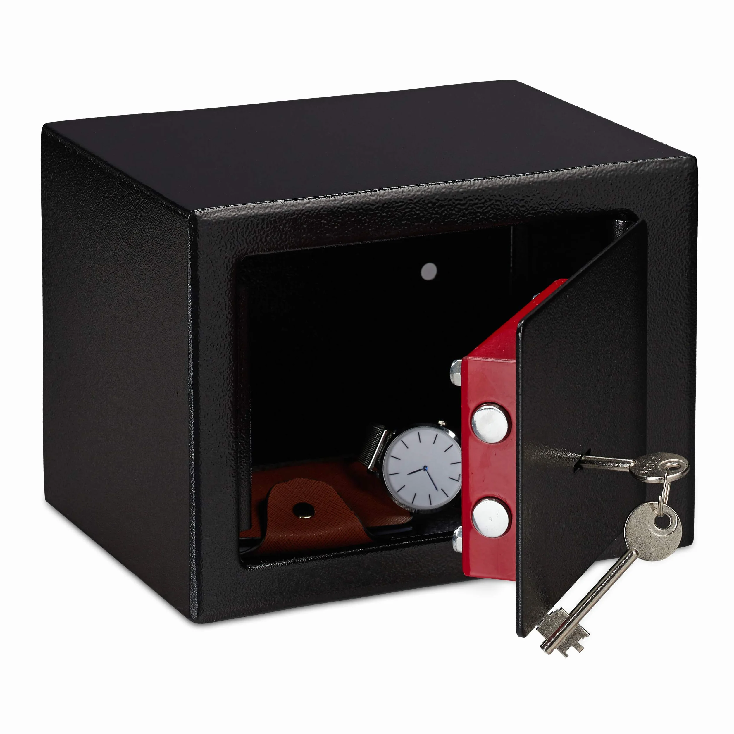 Relaxdays Cassaforte Mobile con Chiave, Serratura Doppia, a Parete o a Pavimento, Mini Safe,HLP 17x23x17,Cassetta; Nero