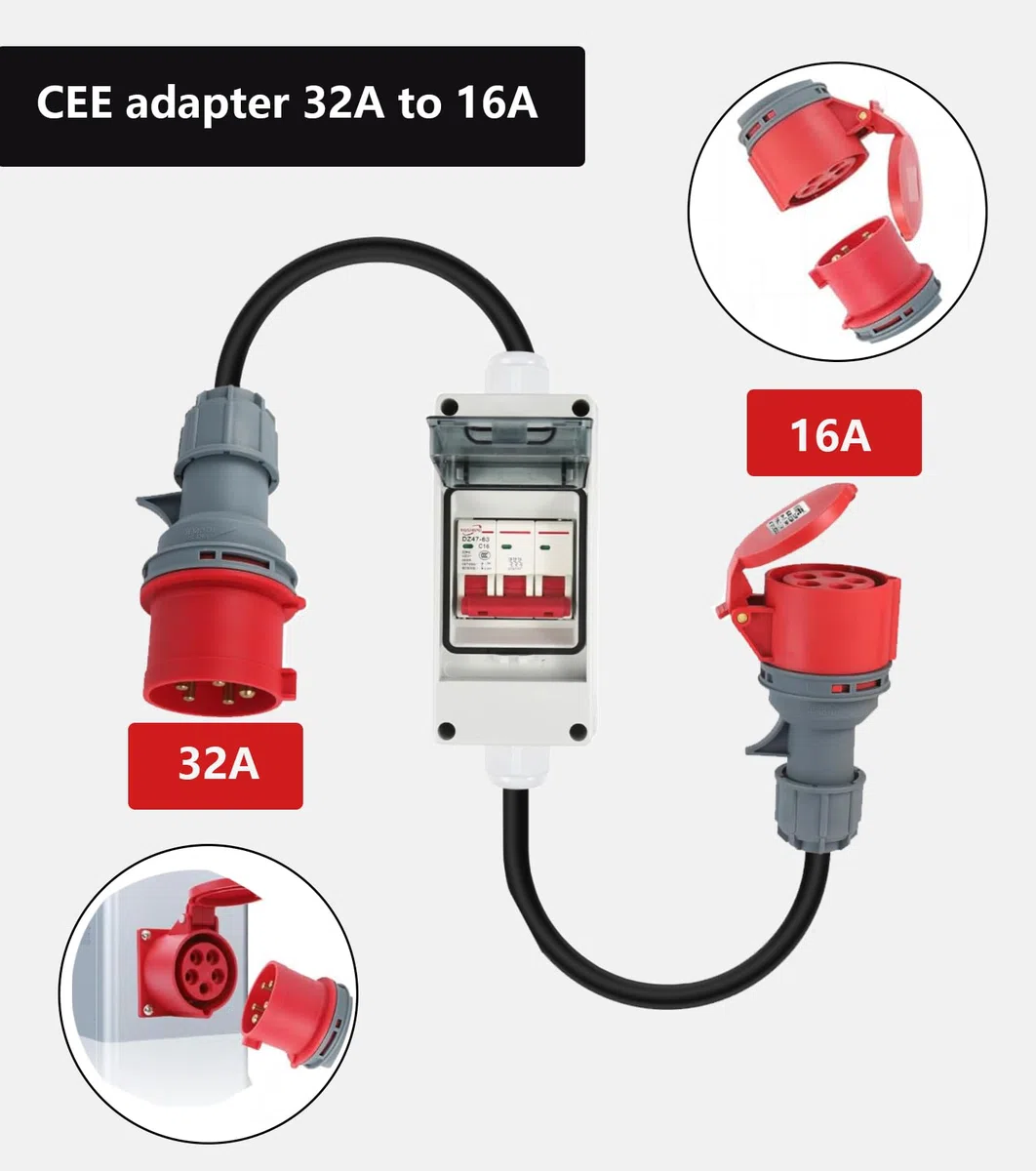 Pesante Adattatore CEE 32A a 16A nterruttore automatico, cavo di prolunga di accoppiamento a 5pin 400V in rame puro, IP44, adattatore CEE 16a per roulotte, camper, cantieri edili