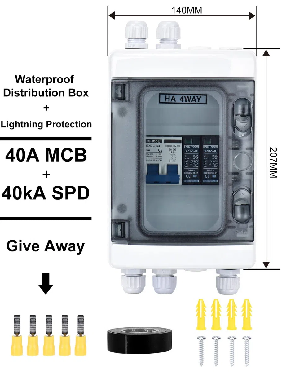 DIHOOL Protezione da sovratensione PV DC, interruttore di separazione, protezione da fulmini, 1000 VDC, 2 poli, 40 A, 20-40 KA, protezione solare da tensione per fotovoltaico, IP65, impermeabile