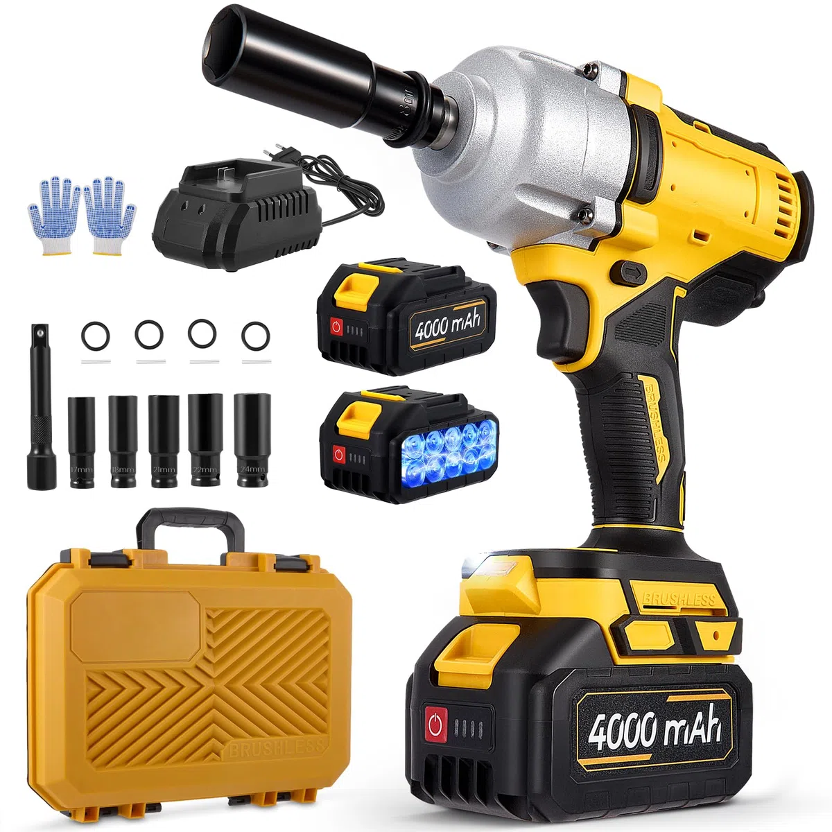 Avvitatore a percussione a batteria, 800 Nm, 21 V, senza spazzole, con 3 livelli di velocità, 2 batterie da 4,0 Ah e caricabatterie rapido, luce LED, 5 chiavi a bussola e accessori