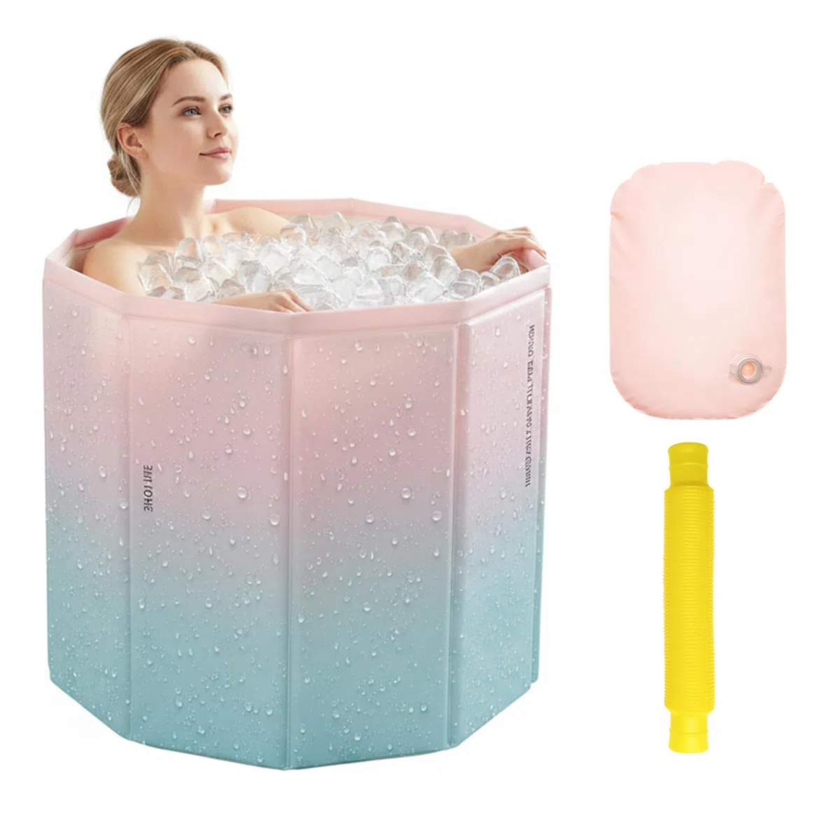 Vasca da Bagno Pieghevole Portatile per Adulti, Vasca Ghiaccio Crioterapia, Vasca da Bagno Indipendente per Docce Calde e Fredde, Include Cuscino, Tubo di Scarico, 70*65CM, Rosa Verde