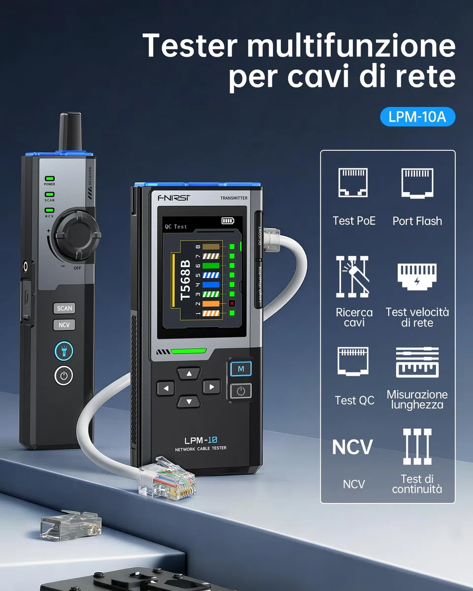 FNIRSI LPM-10A Testeur Câble RJ45, Tester Cavo Ethernet CAT5 CAT6 RJ11, Tracciatore Cavi e Toner di Rete, Test PoE/NCV/Lunghezza, Tester Rete Ricaricabile