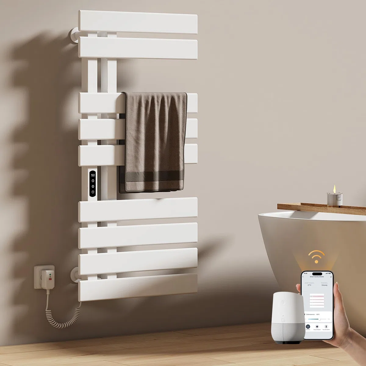 EMKE Scaldasalviette elettrico da bagno, 500 x 1000 mm, scaldasalviette elettrico a risparmio energetico, scaldasalviette elettrico per Alexa, Google Home e app, bianco, 350