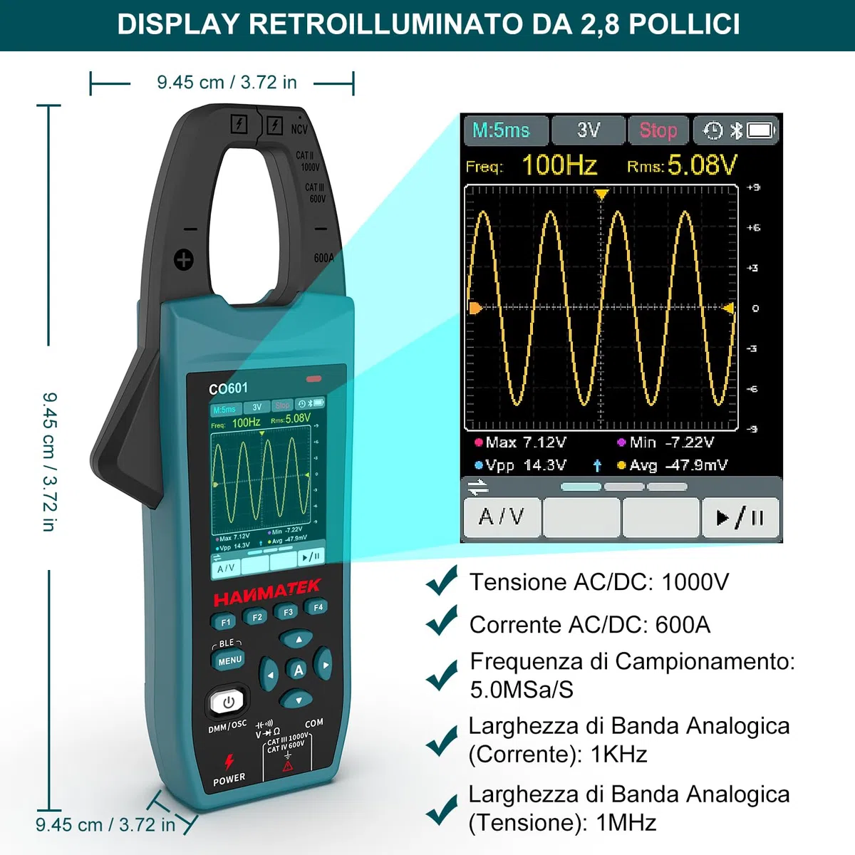 HANMATEK Multimetro con Oscilloscopio 2 in 1, Pinza Amperometrica Professionale, 5 MSa/s, Banda 1MHz, NCV, Bluetooth, Display TFT da 2,8", 600A/1000V, CO601