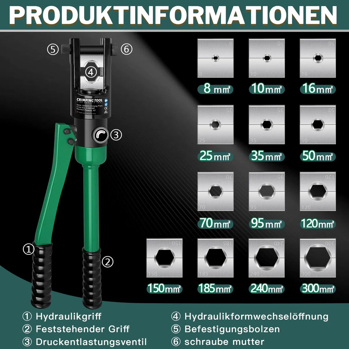 Pinza crimpatrice idraulica a 16 tons con crimpatrice, capicorda idraulica con 13 set (pinza crimpatrice 8-300 mm²) di crimpatrici per capicorda in rame, alluminio, funzionamento cavi (verde)