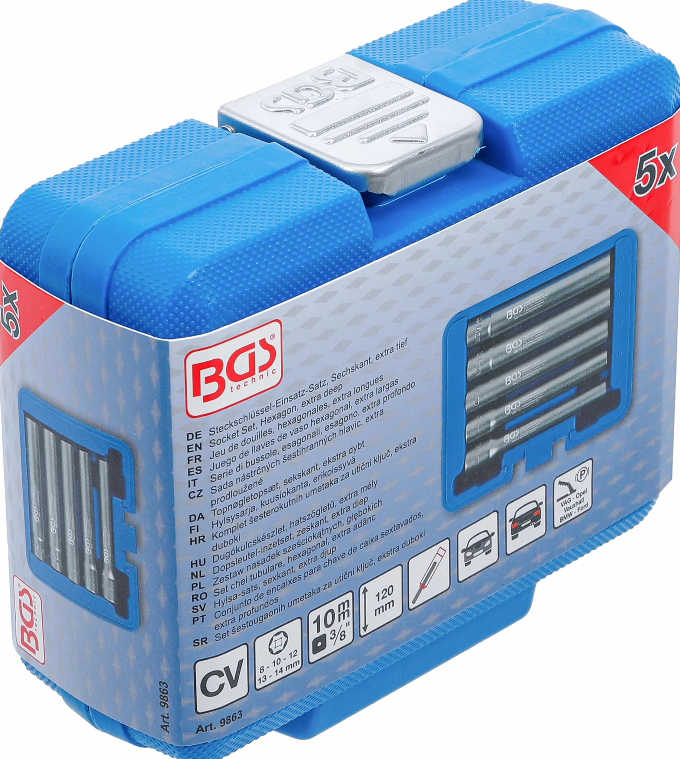 BGS 9863 | Serie di bussole, esagonali, esagono, extra profondo | Attacco quadro incassato 10 mm (3/8") | 8 - 14 mm | 5 pz.