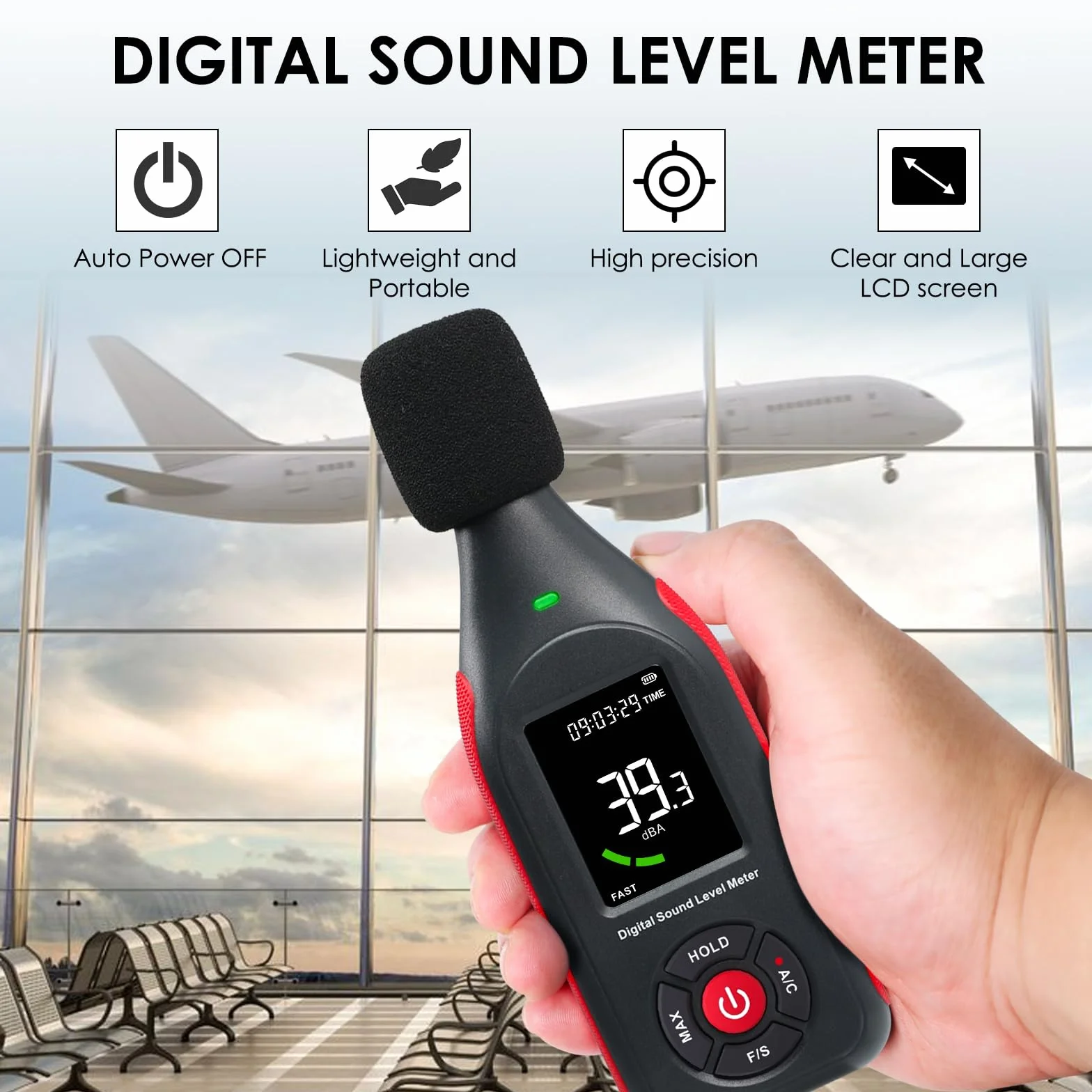 Misuratore di Decibel Misuratore di Livello Sonoro Rilevatore di Lettura da 30dB a 130dB MAX Data Hold, Misuratore di dB SPL con Allarme, Registrazione Dati e Funzione Ricaricabile