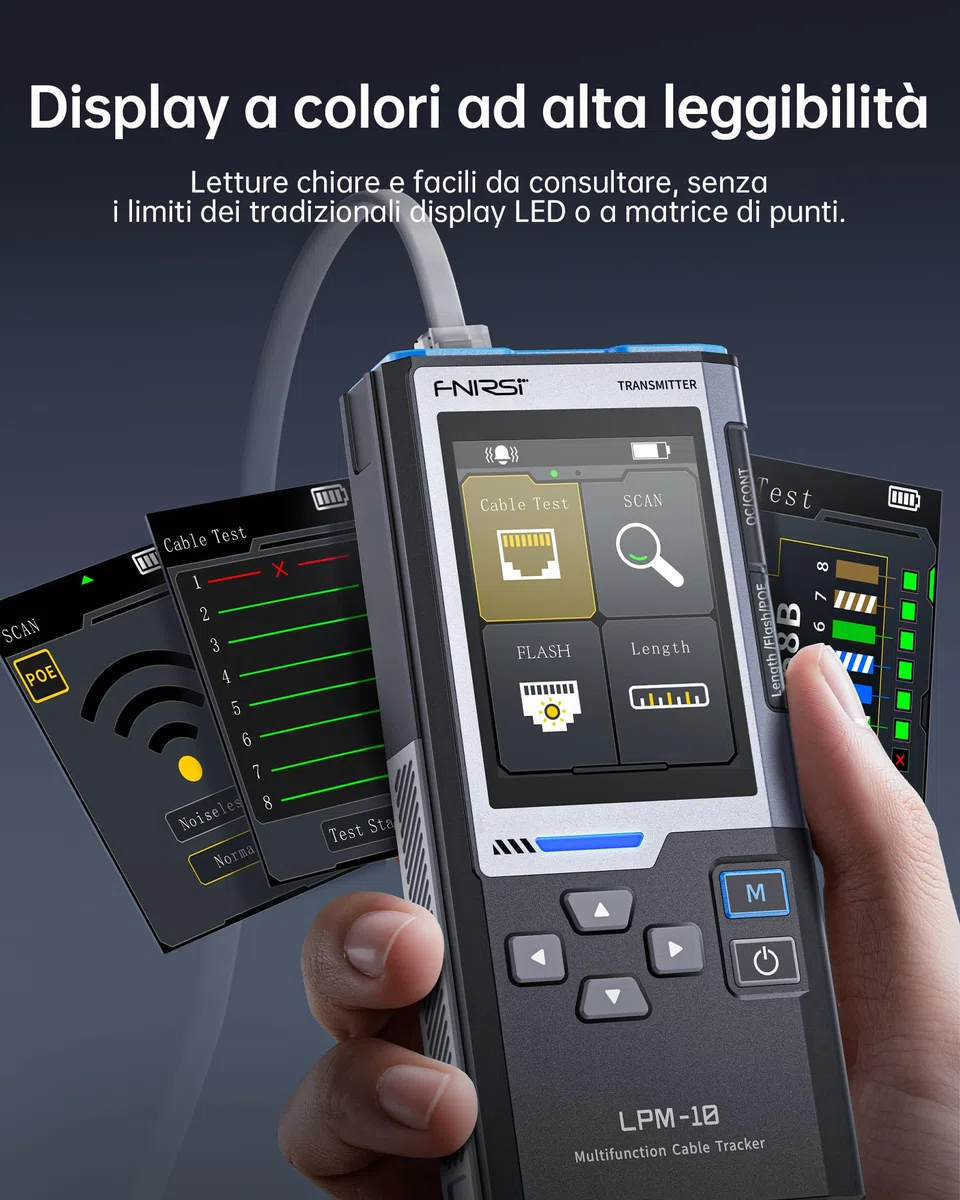 FNIRSI LPM-10A Testeur Câble RJ45, Tester Cavo Ethernet CAT5 CAT6 RJ11, Tracciatore Cavi e Toner di Rete, Test PoE/NCV/Lunghezza, Tester Rete Ricaricabile