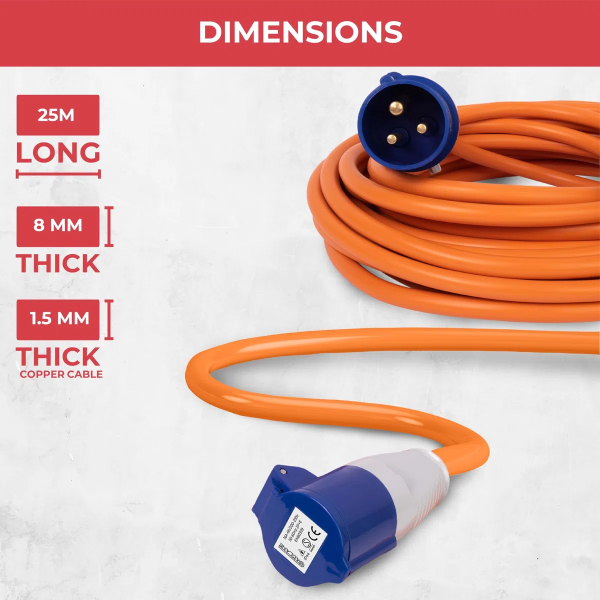 GADLANE Cavo di prolunga CEE 25m Robusto per Roulotte, 16 Ampere, 240 V, cavo da campeggio, ben visibile, colore arancione, ideale per camper (25 metri)