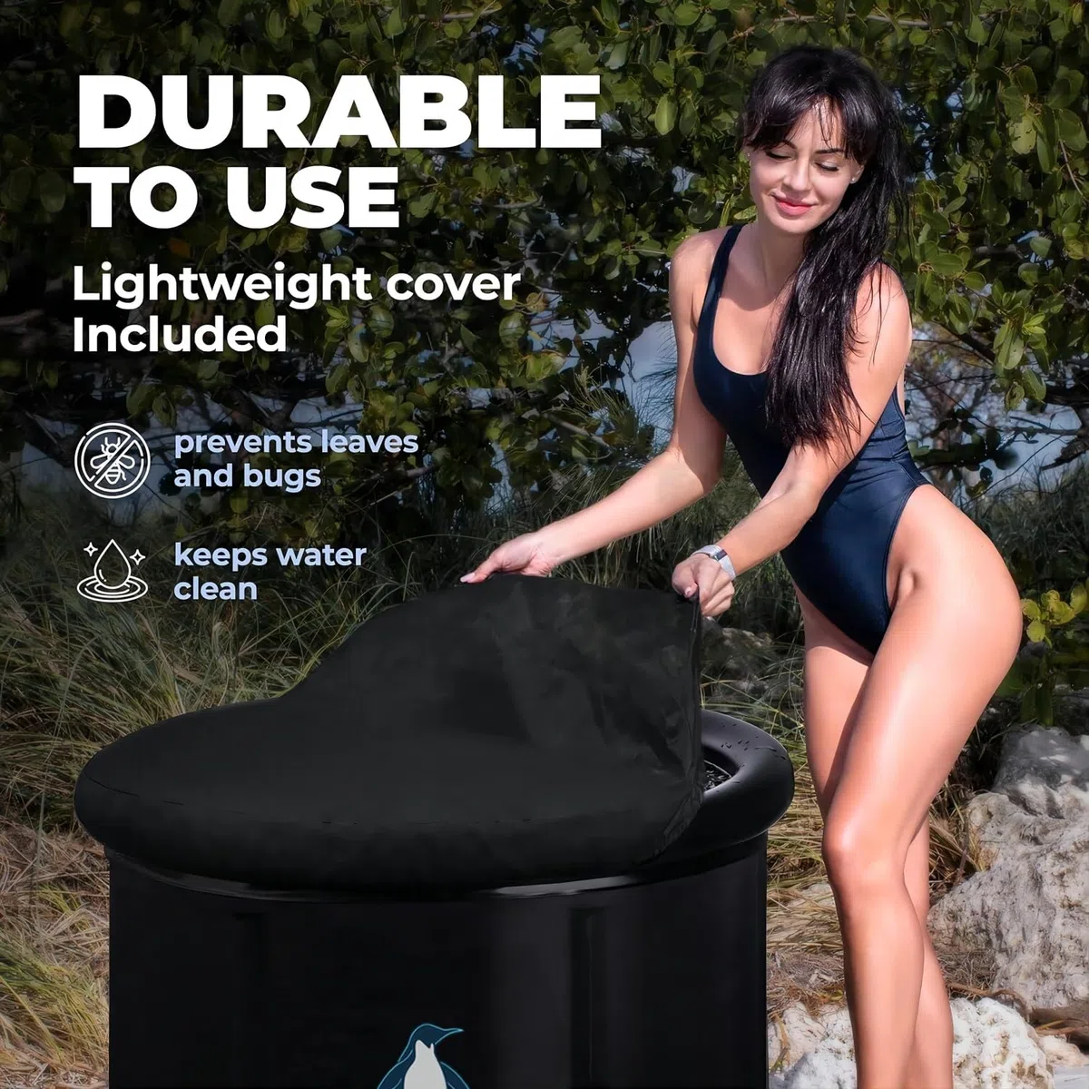 Bagnetto da bagno di ghiaccio per atleti con copertura 376L, 80 x 75 cm, portatile, per crioterapia, vasca da bagno gonfiabile pieghevole per interni ed esterni, adulti (nero + termometro)