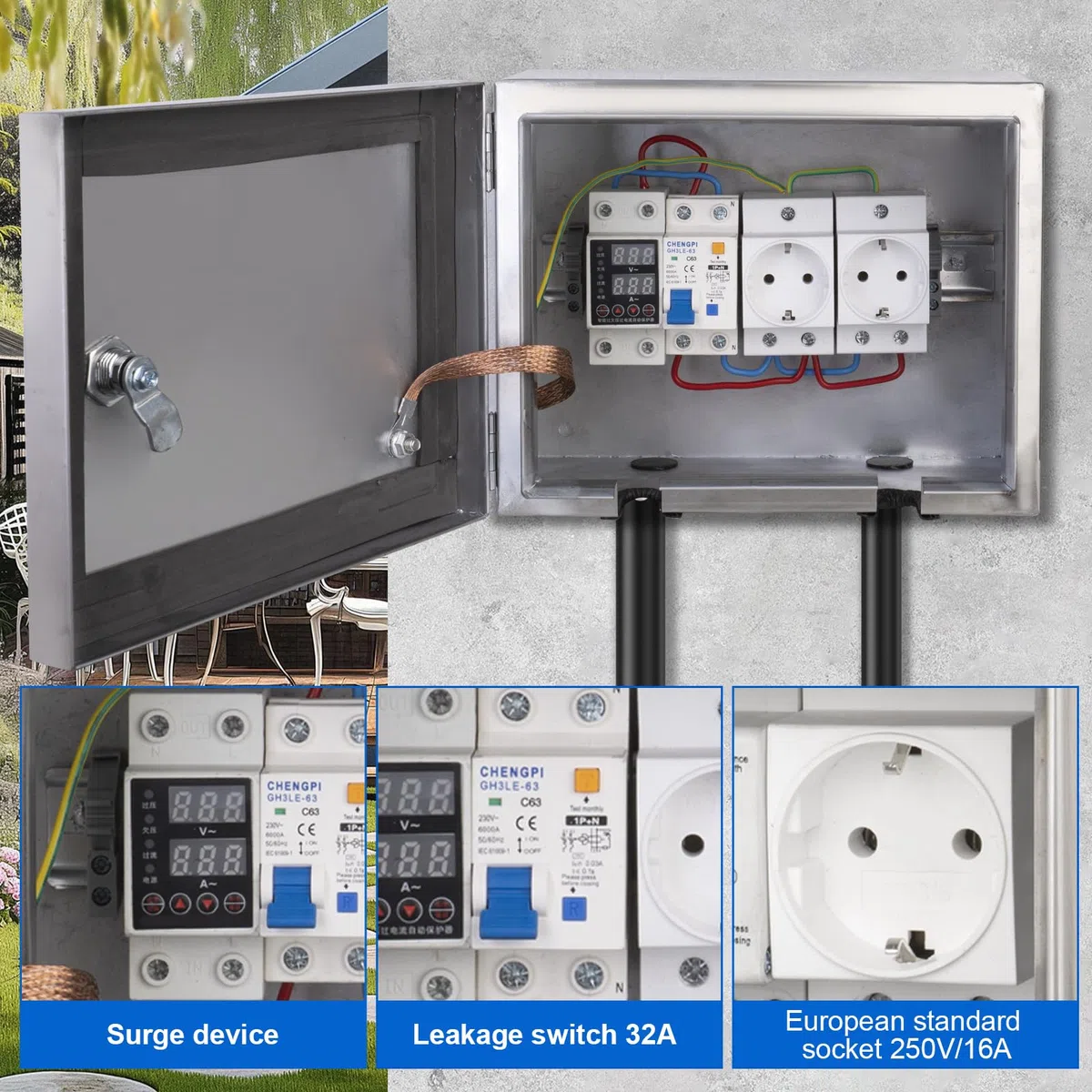 Armadio in acciaio inox 304 con micrometro monofase, scatola di distribuzione con 1 interruttore di dispersione 2P 32A, presa 250 V/16 A e protezione da sovratensione, alloggiamento montato a
